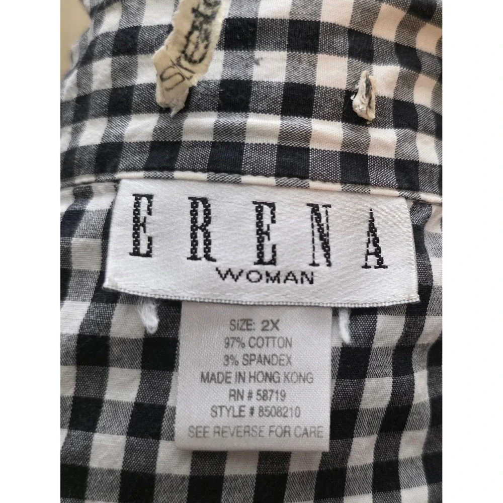 Erena Woman‎ Button Down Shirt Womens 2X Black Gingham Good Long Sleeve Stretch